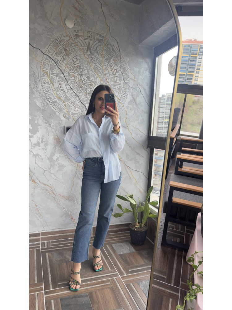 Pervin Çelik Kadın Premium Kalite Mavi Zara Kesik Paça Jean