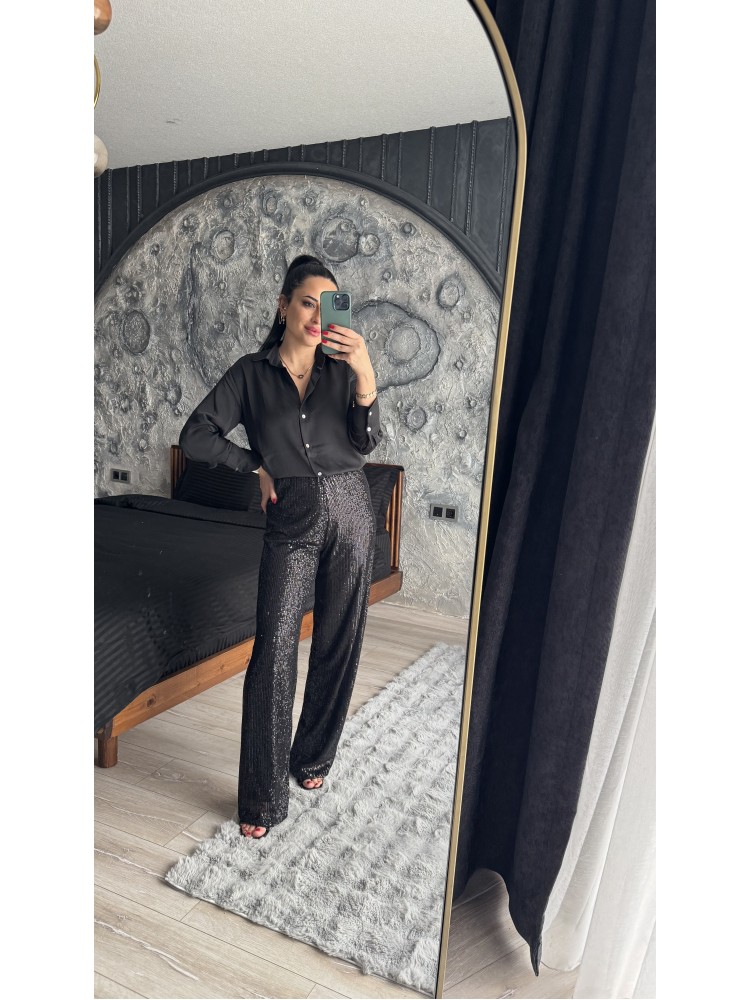 Pervin Çelik Kadın Premium Kalite Siyah Pullu İçi Astarlı Pantolon
