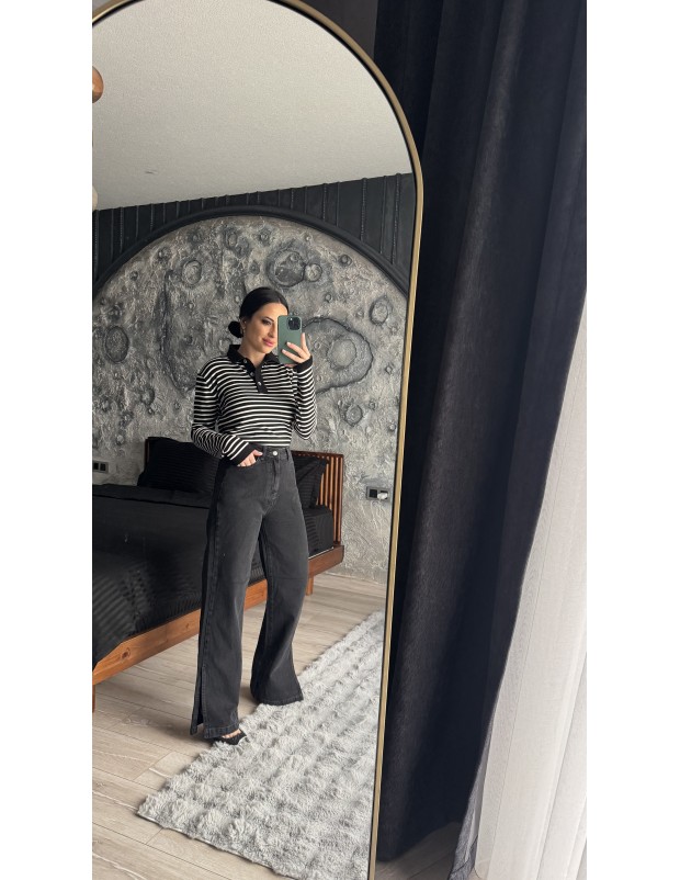 Pervin Çelik Antrasit Premium Kalite Orijinal Marka Likralı Yanı Yırtmaçlı Jean Pantolon