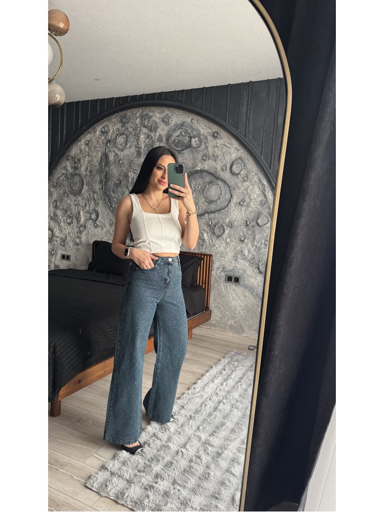 Pervin Çelik Premium Kalite Mavi Taş Detaylı Bol Paça Jean Pantolon