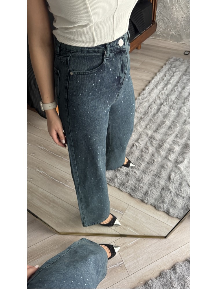 Pervin Çelik Premium Kalite Mavi Taş Detaylı Bol Paça Jean Pantolon