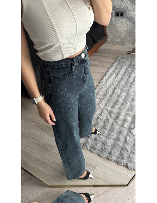 Pervin Çelik Premium Kalite Mavi Taş Detaylı Bol Paça Jean Pantolon