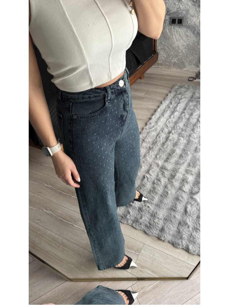 Pervin Çelik Premium Kalite Mavi Taş Detaylı Bol Paça Jean Pantolon