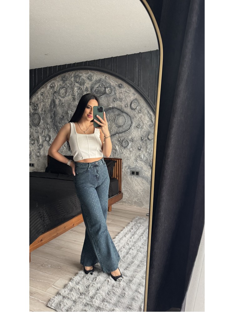 Pervin Çelik Premium Kalite Mavi Taş Detaylı Bol Paça Jean Pantolon