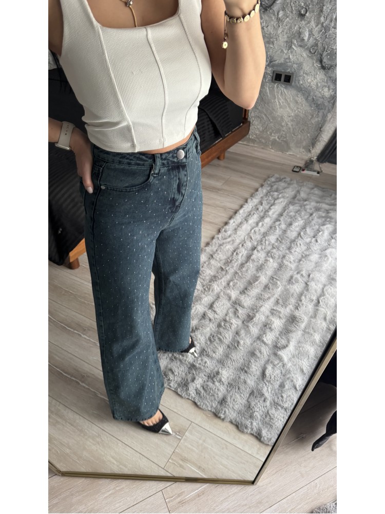 Pervin Çelik Premium Kalite Mavi Taş Detaylı Bol Paça Jean Pantolon