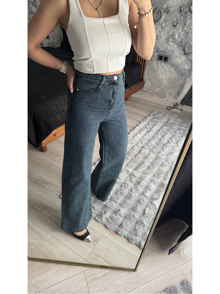 Pervin Çelik Premium Kalite Mavi Taş Detaylı Bol Paça Jean Pantolon