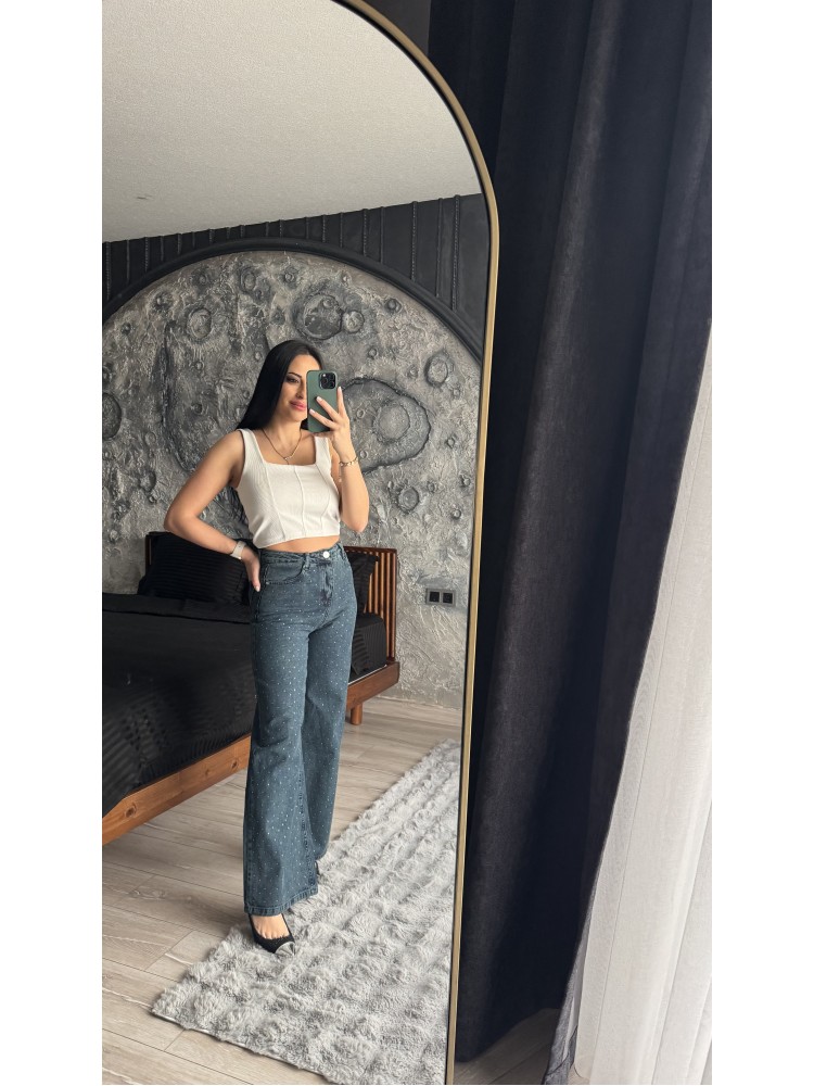 Pervin Çelik Premium Kalite Mavi Taş Detaylı Bol Paça Jean Pantolon