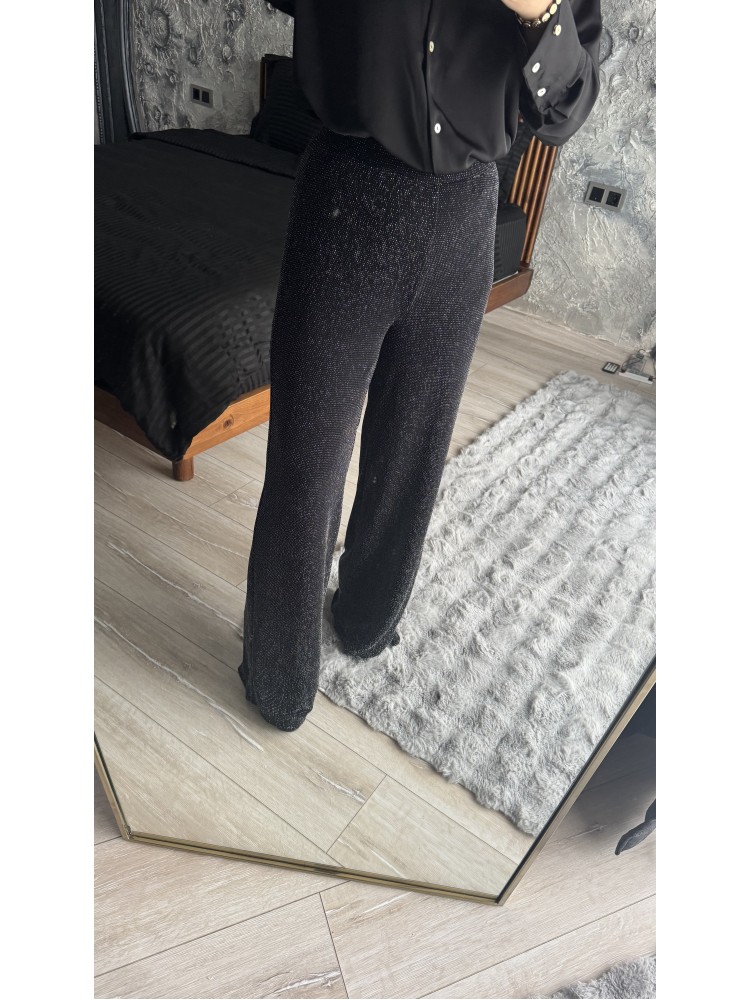 Pervin Çelik Kadın Siyah Simli Astarlı Beli Lastikli Geniş Uzun Paça Pantolon