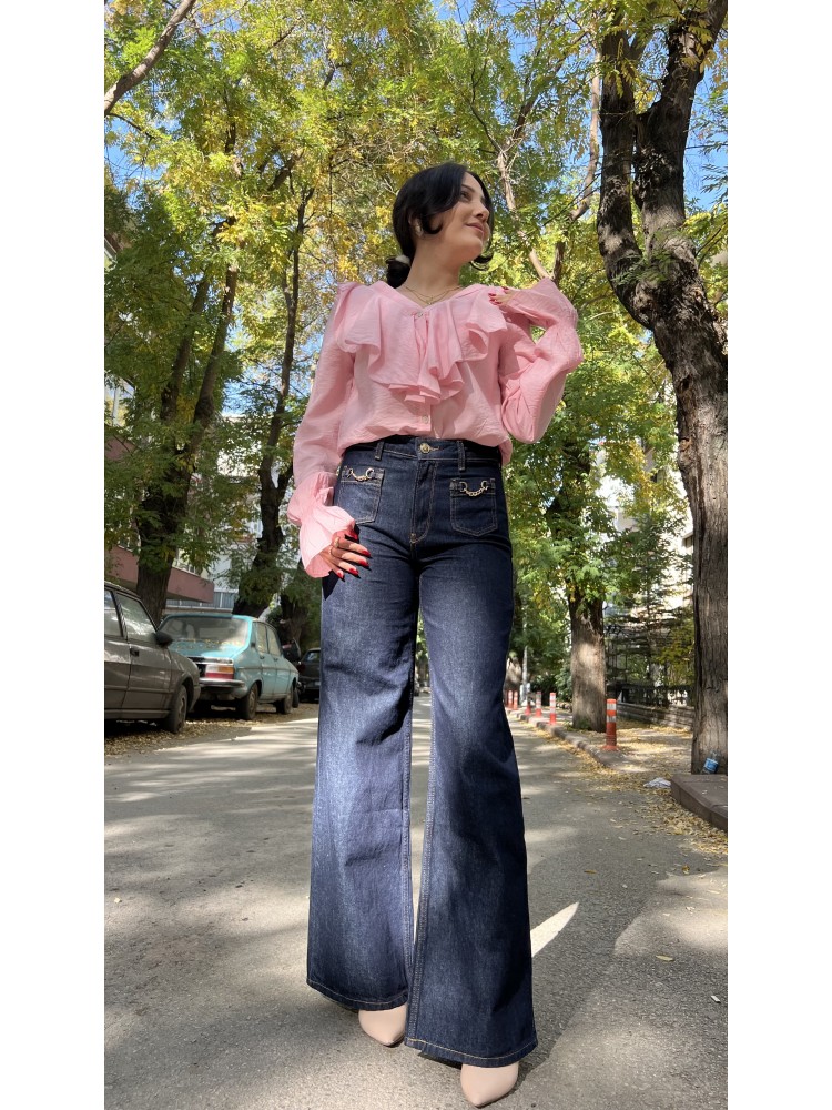 Lacivert Zara Orijinal Marka Zincir Detaylı Jean Pantolon