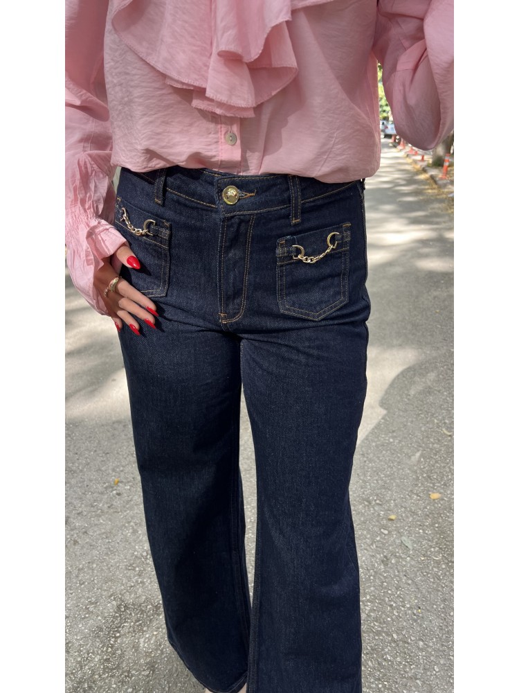 Lacivert Zara Orijinal Marka Zincir Detaylı Jean Pantolon