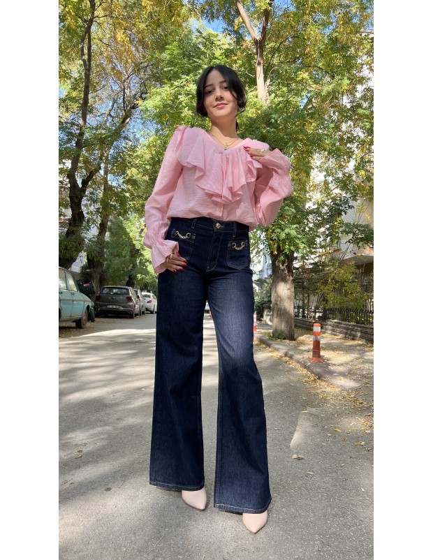 Lacivert Zara Orijinal Marka Zincir Detaylı Jean Pantolon