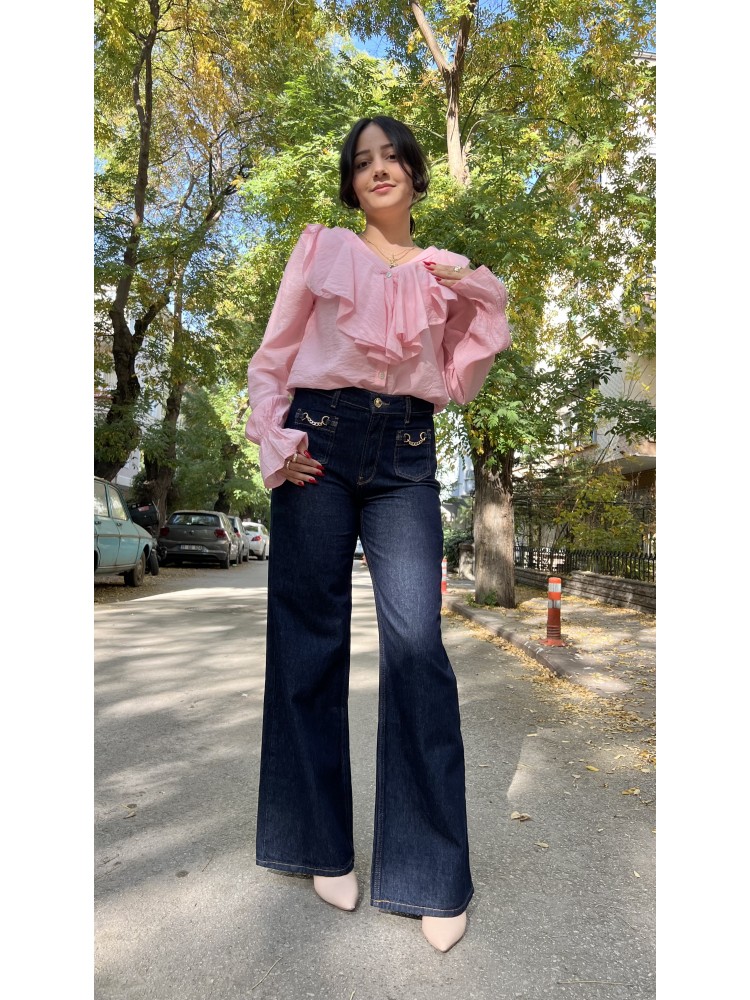 Lacivert Zara Orijinal Marka Zincir Detaylı Jean Pantolon