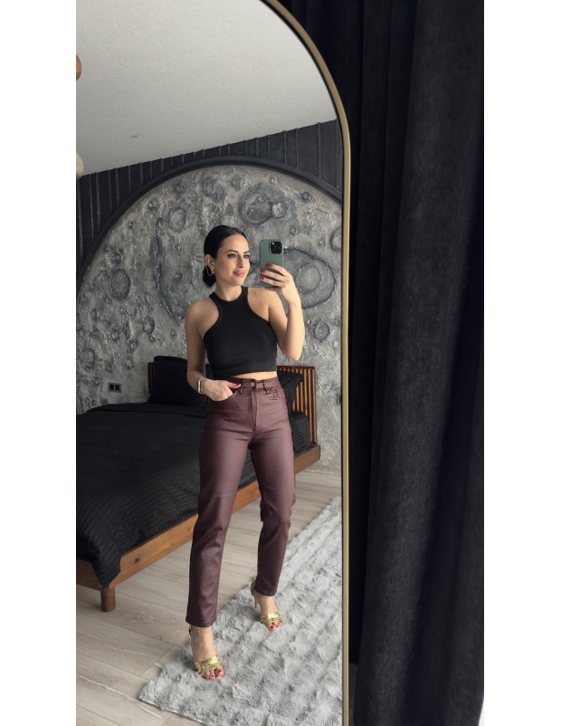 Pervin Çelik Kadın Premium Kalite Bordo Mumlu Jean Pantolon 