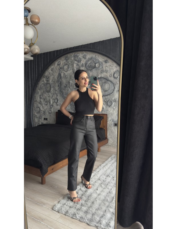 Pervin Çelik Kadın Premium Kalite Siyah Mumlu Jean Pantolon 