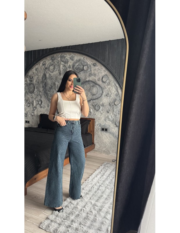 Pervin Çelik Premium Kalite Mavi Taş Detaylı Bol Paça Jean Pantolon