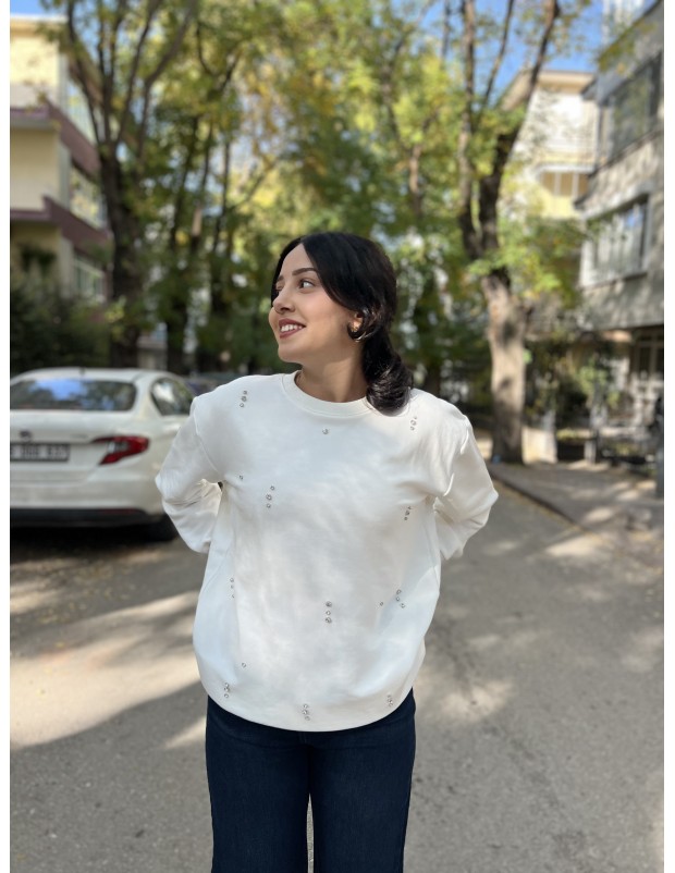 Beyaz Orijinal Marka Bisiklet Yaka Taş Detaylı Sweatshirt