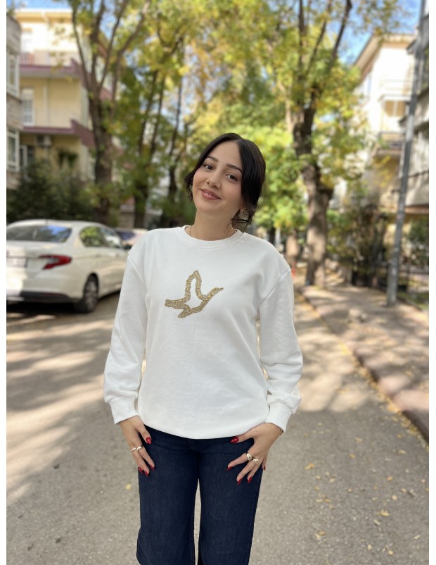 Beyaz Orijinal Marka Kuş Detaylı Sweatshirt