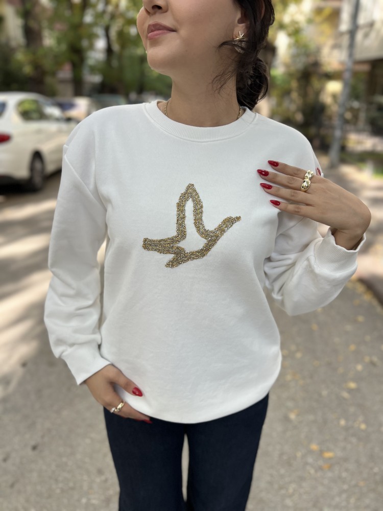 Beyaz Orijinal Marka Kuş Detaylı Sweatshirt