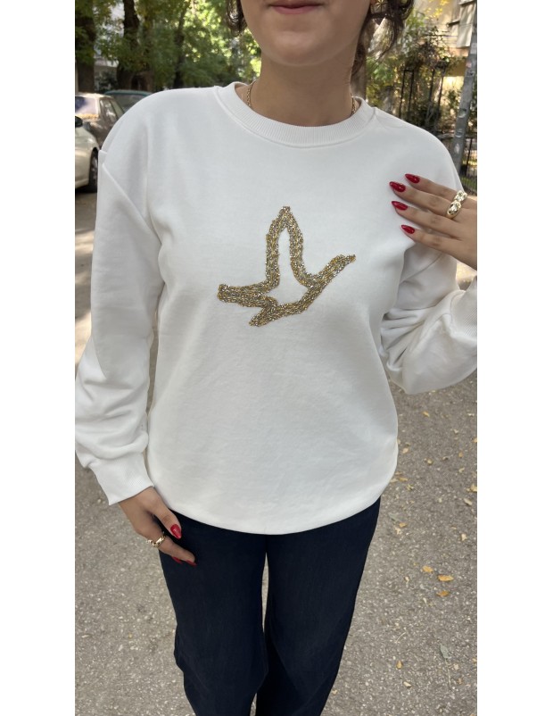Beyaz Orijinal Marka Kuş Detaylı Sweatshirt