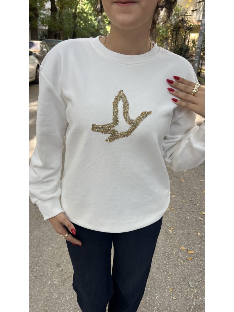 Beyaz Orijinal Marka Kuş Detaylı Sweatshirt