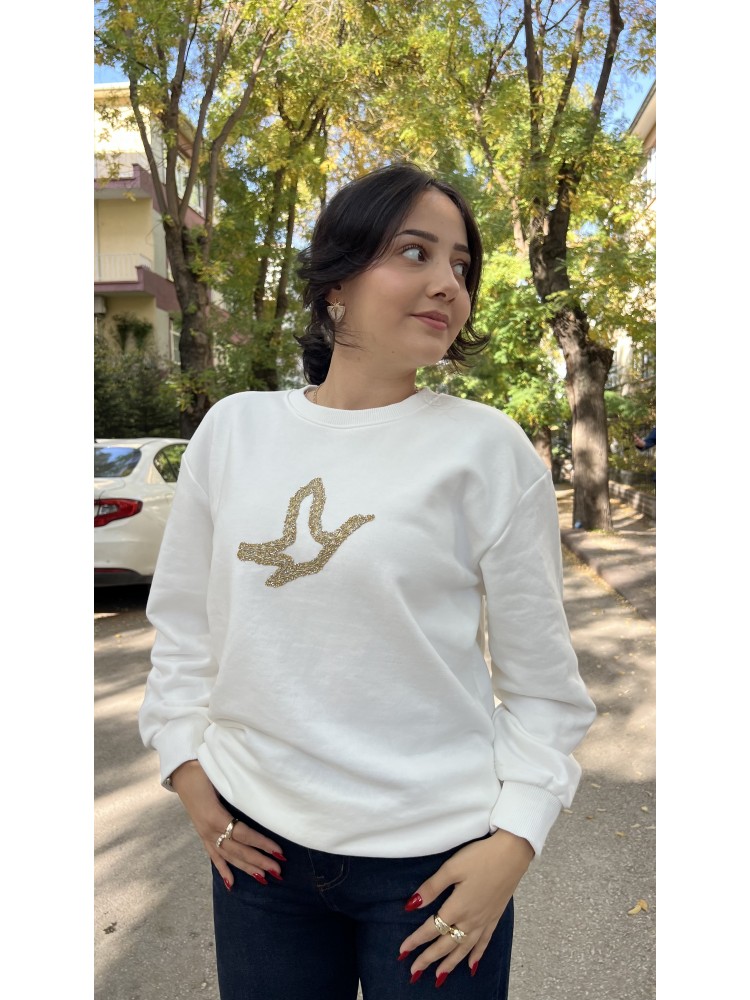 Beyaz Orijinal Marka Kuş Detaylı Sweatshirt