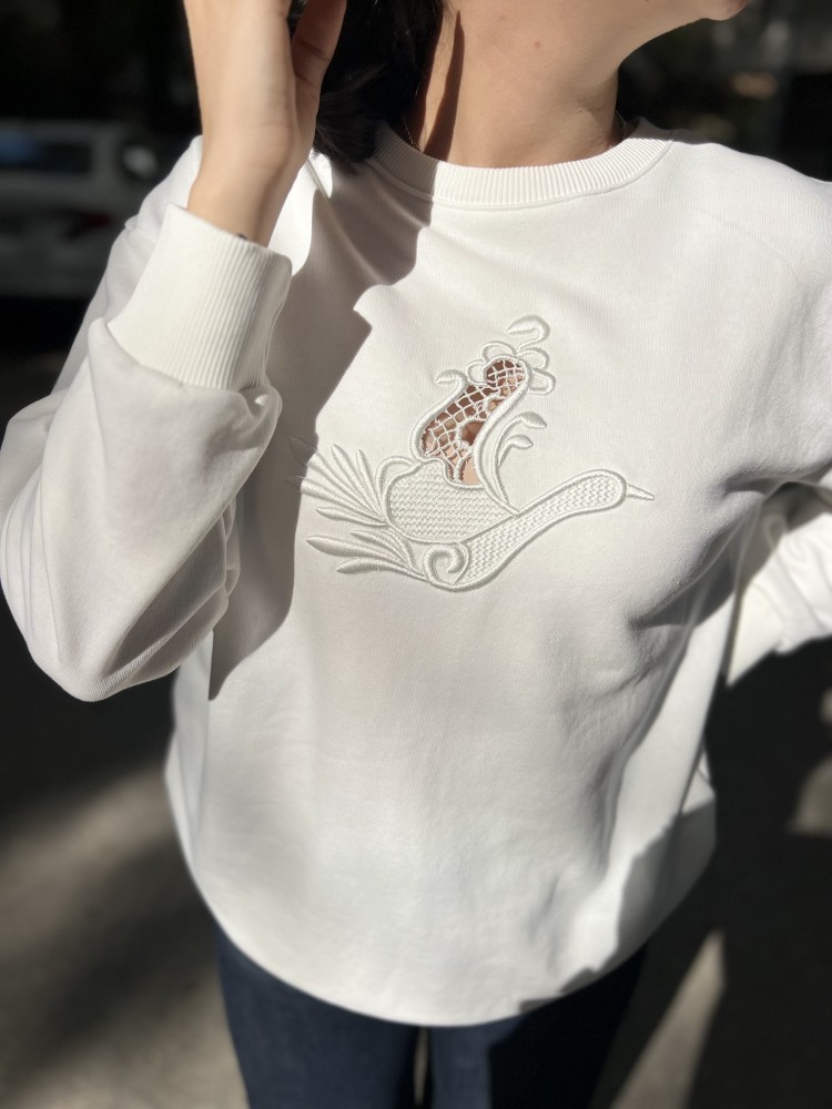 Beyaz Orijinal Marka Nakış Kuş Detaylı Sweatshirt