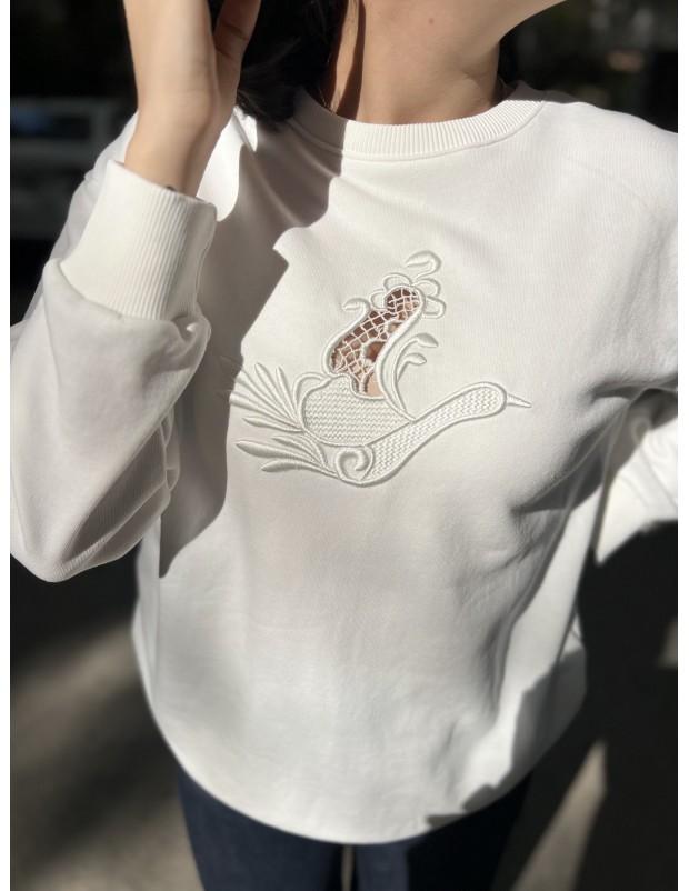 Beyaz Orijinal Marka Nakış Kuş Detaylı Sweatshirt