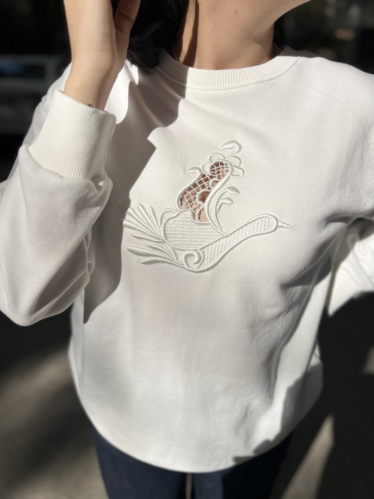 Beyaz Orijinal Marka Nakış Kuş Detaylı Sweatshirt