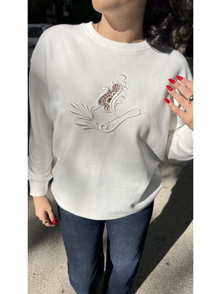 Beyaz Orijinal Marka Nakış Kuş Detaylı Sweatshirt