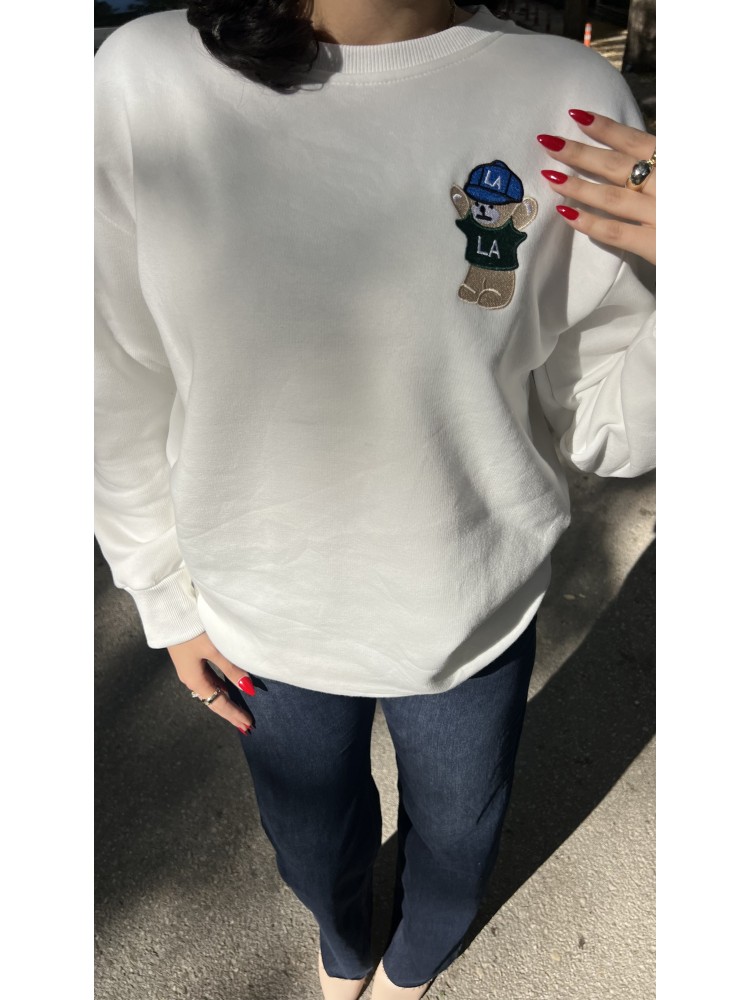 Beyaz Orijinal Marka Nakış Ayıcık Detaylı Sweatshirt
