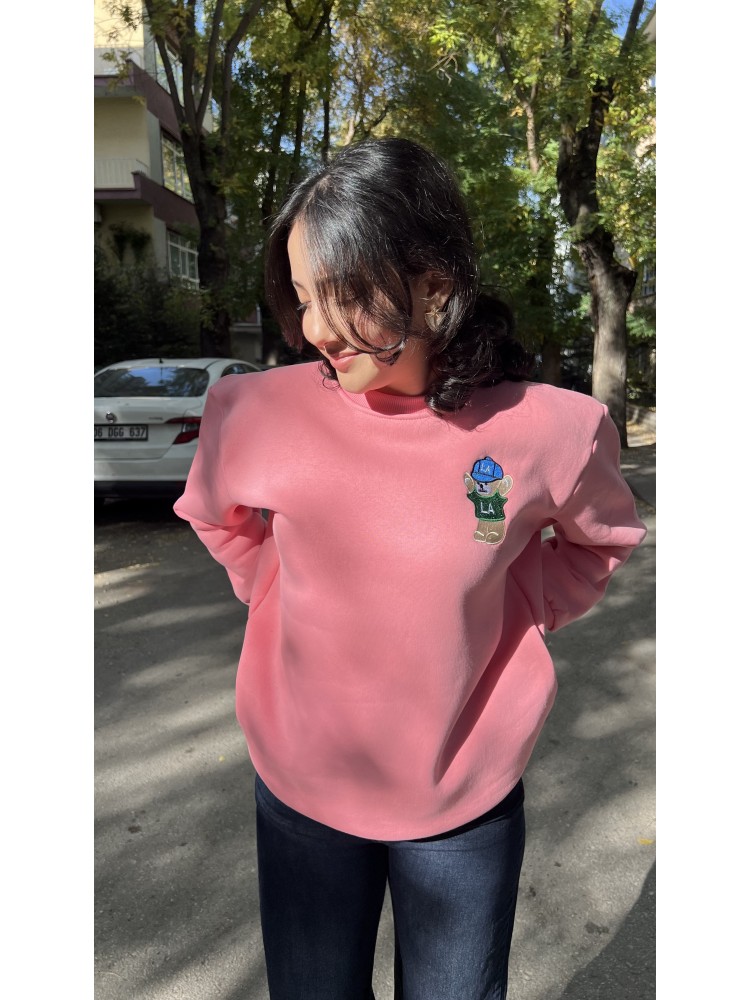 Pembe Orijinal Marka Nakış Ayıcık Detaylı Sweatshirt