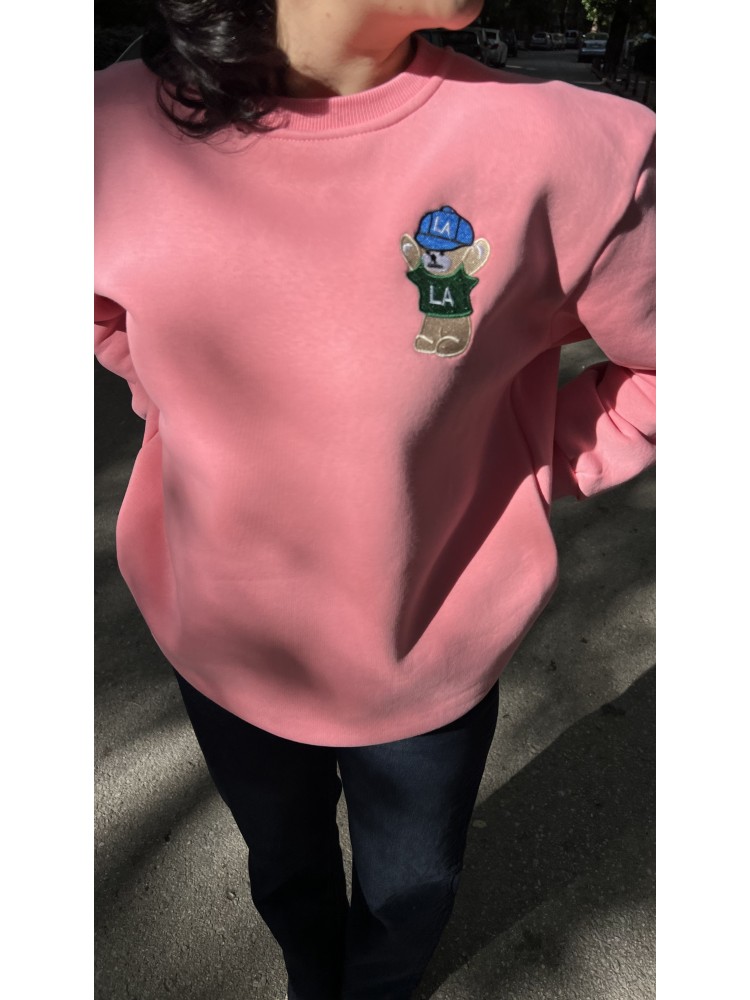 Pembe Orijinal Marka Nakış Ayıcık Detaylı Sweatshirt