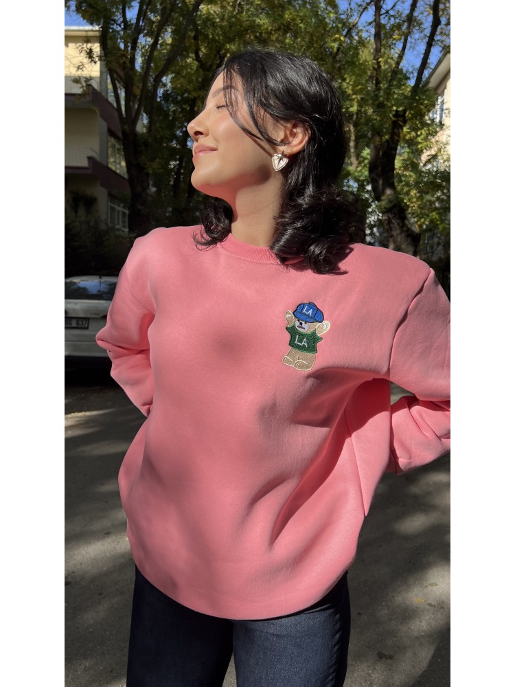 Pembe Orijinal Marka Nakış Ayıcık Detaylı Sweatshirt