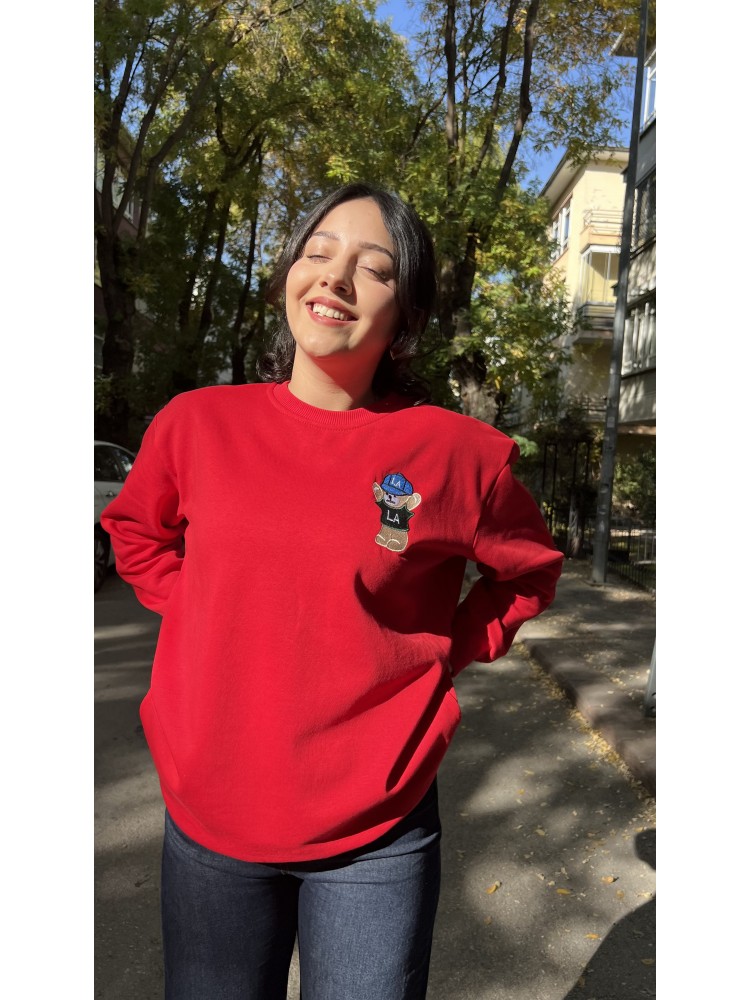 Kırmızı Orijinal Marka Nakış Ayıcık Detaylı Sweatshirt