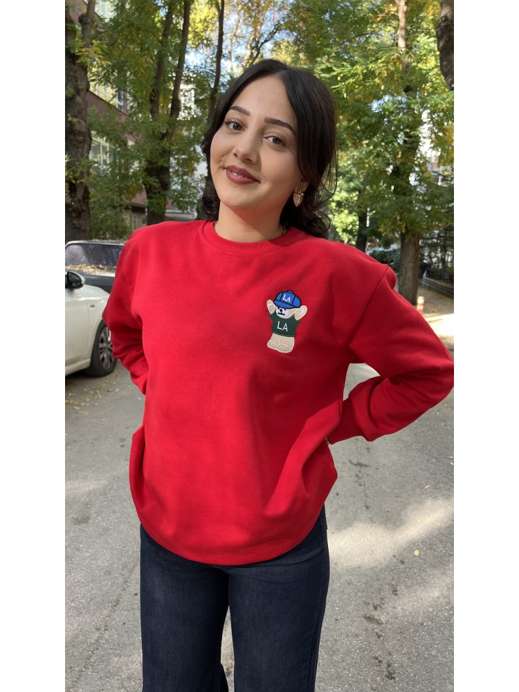 Kırmızı Orijinal Marka Nakış Ayıcık Detaylı Sweatshirt