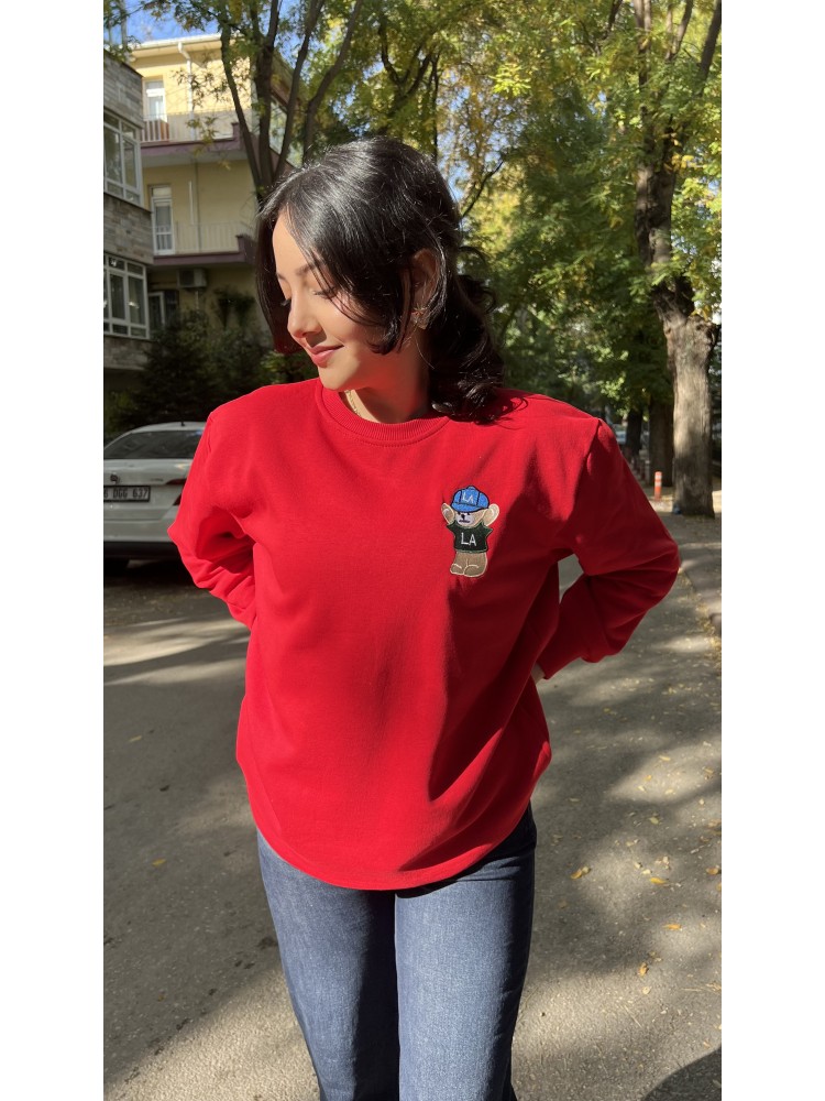 Kırmızı Orijinal Marka Nakış Ayıcık Detaylı Sweatshirt