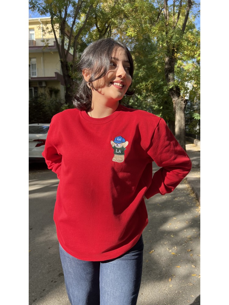 Kırmızı Orijinal Marka Nakış Ayıcık Detaylı Sweatshirt