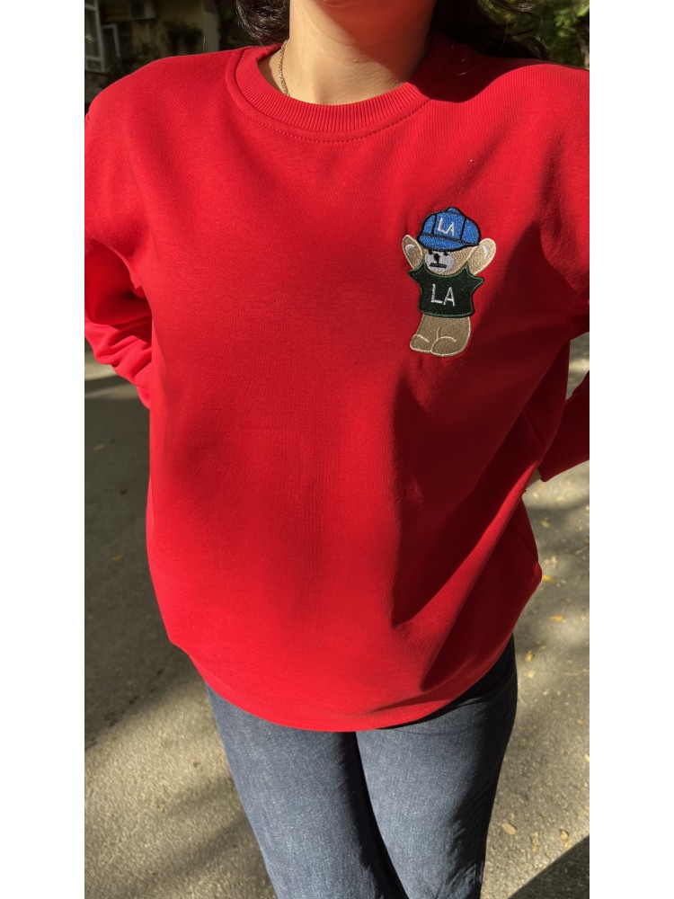Kırmızı Orijinal Marka Nakış Ayıcık Detaylı Sweatshirt