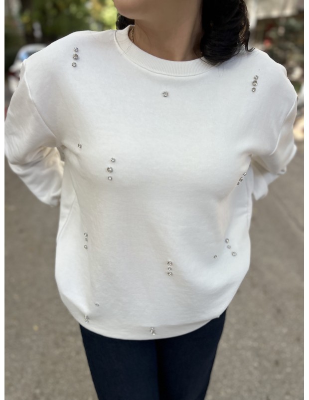 Beyaz Orijinal Marka Bisiklet Yaka Taş Detaylı Sweatshirt