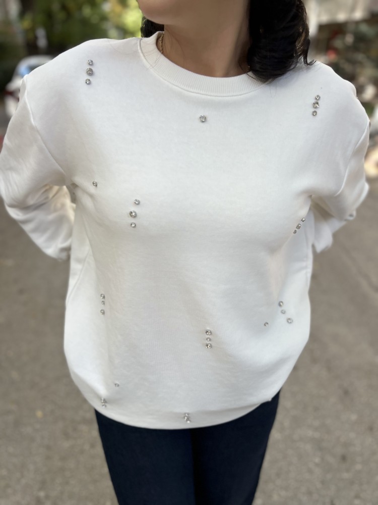 Beyaz Orijinal Marka Bisiklet Yaka Taş Detaylı Sweatshirt