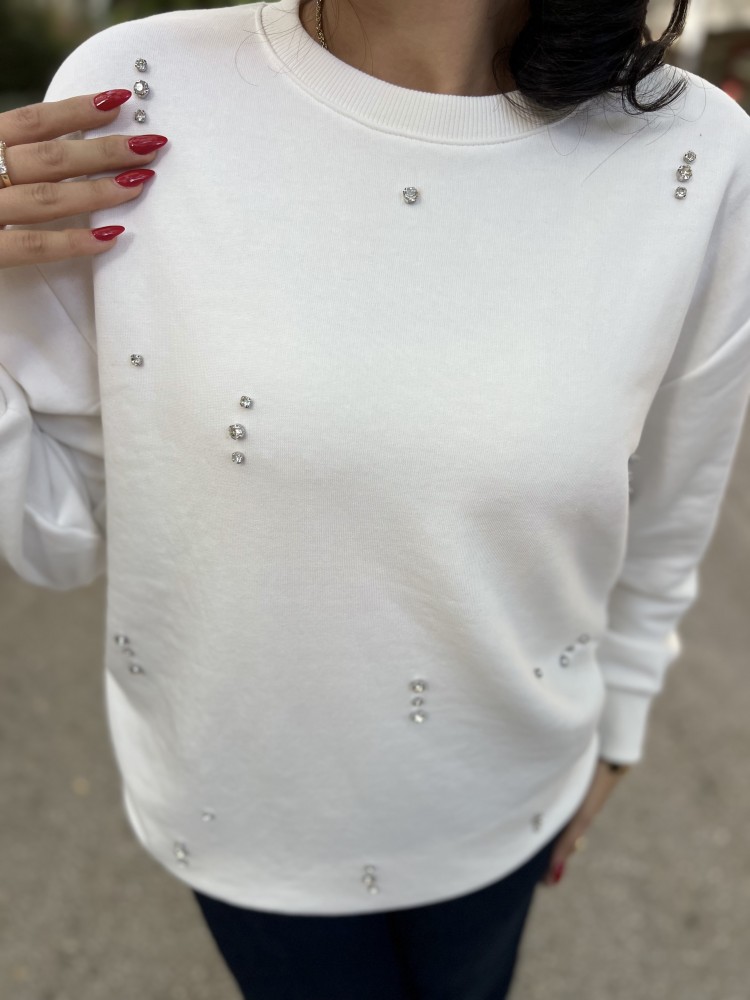 Beyaz Orijinal Marka Bisiklet Yaka Taş Detaylı Sweatshirt