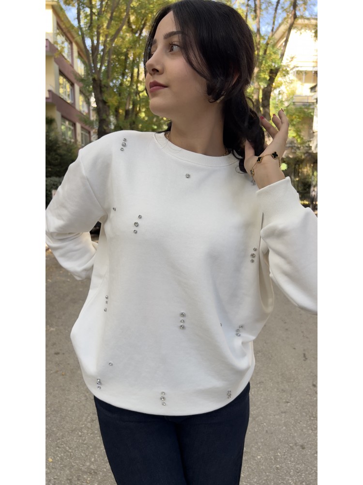 Beyaz Orijinal Marka Bisiklet Yaka Taş Detaylı Sweatshirt