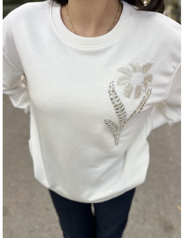 Beyaz Orijinal Marka Bisiklet Yaka Çiçek Taş Detaylı Sweatshirt