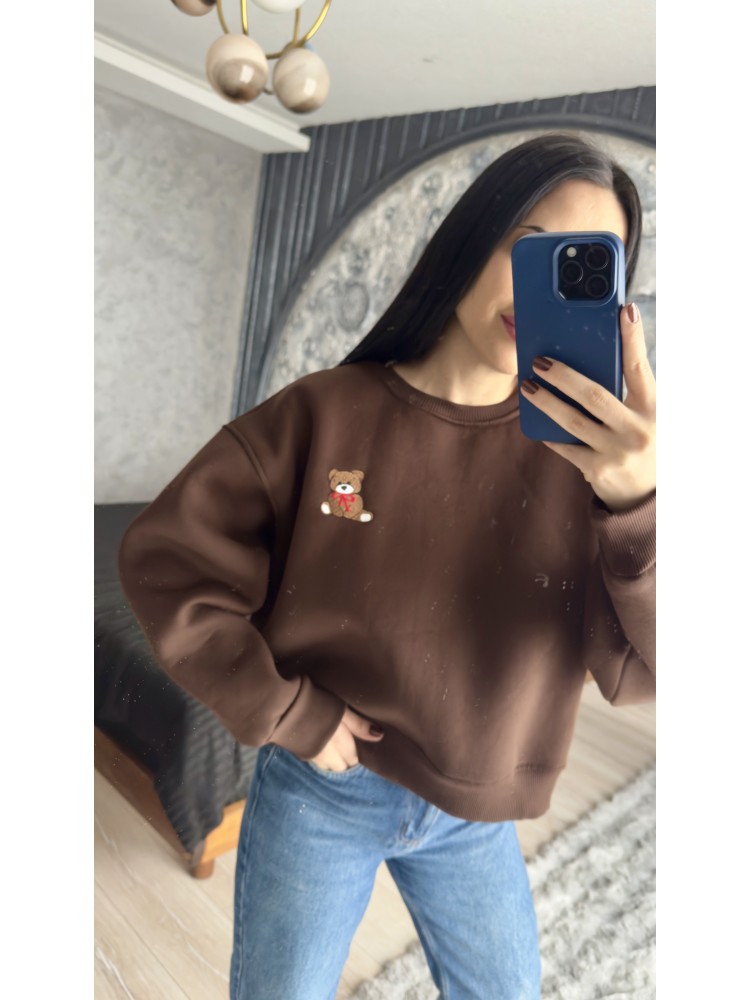 Pervin Çelik Kadın Premium Kalite Kahverengi Ayıcık Detaylı Crop Şardonlu Sweatshirt