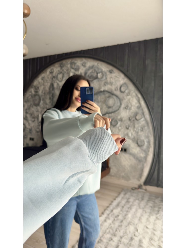 Pervin Çelik Kadın Premium Kalite Bisiklet Yaka Bebe Mavisi Düz Basic Şardonlu Sweatshirt