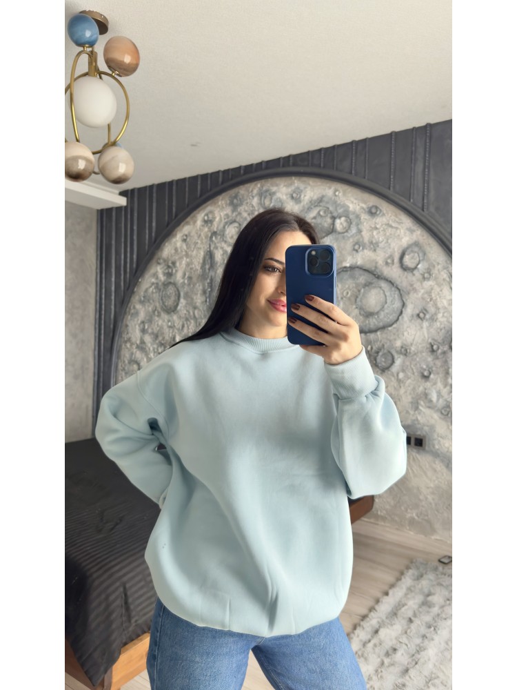 Pervin Çelik Kadın Premium Kalite Bisiklet Yaka Bebe Mavisi Düz Basic Şardonlu Sweatshirt
