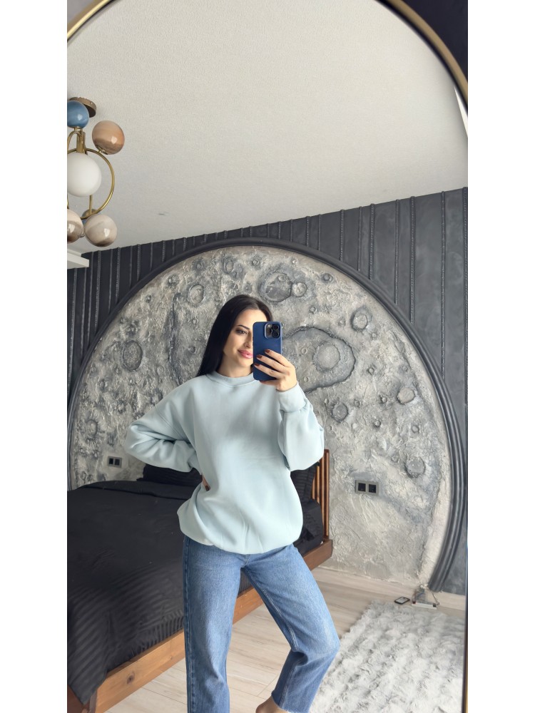 Pervin Çelik Kadın Premium Kalite Bisiklet Yaka Bebe Mavisi Düz Basic Şardonlu Sweatshirt