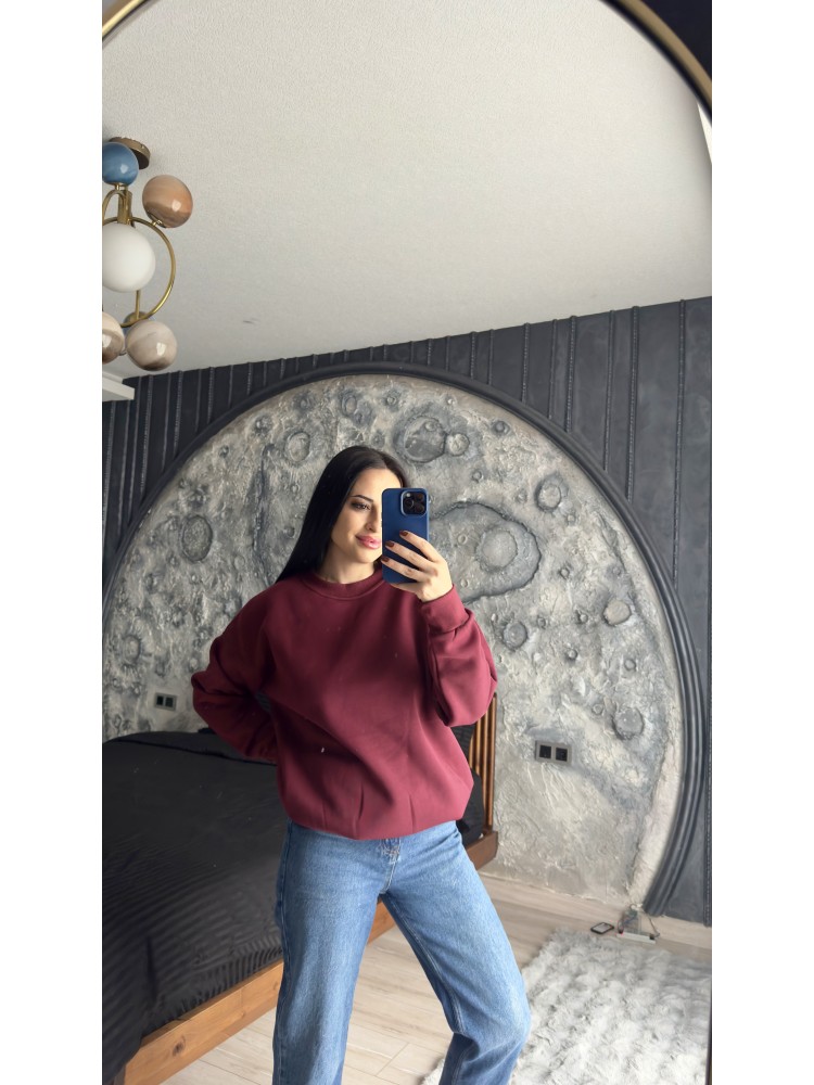 Pervin Çelik Kadın Premium Kalite Bisiklet Yaka Bordo Düz Basic Şardonlu Sweatshirt