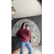 Pervin Çelik Kadın Premium Kalite Bisiklet Yaka Bordo Düz Basic Şardonlu Sweatshirt