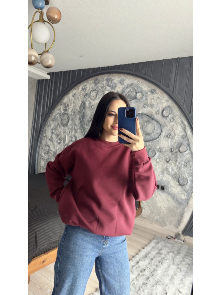Pervin Çelik Kadın Premium Kalite Bisiklet Yaka Bordo Düz Basic Şardonlu Sweatshirt